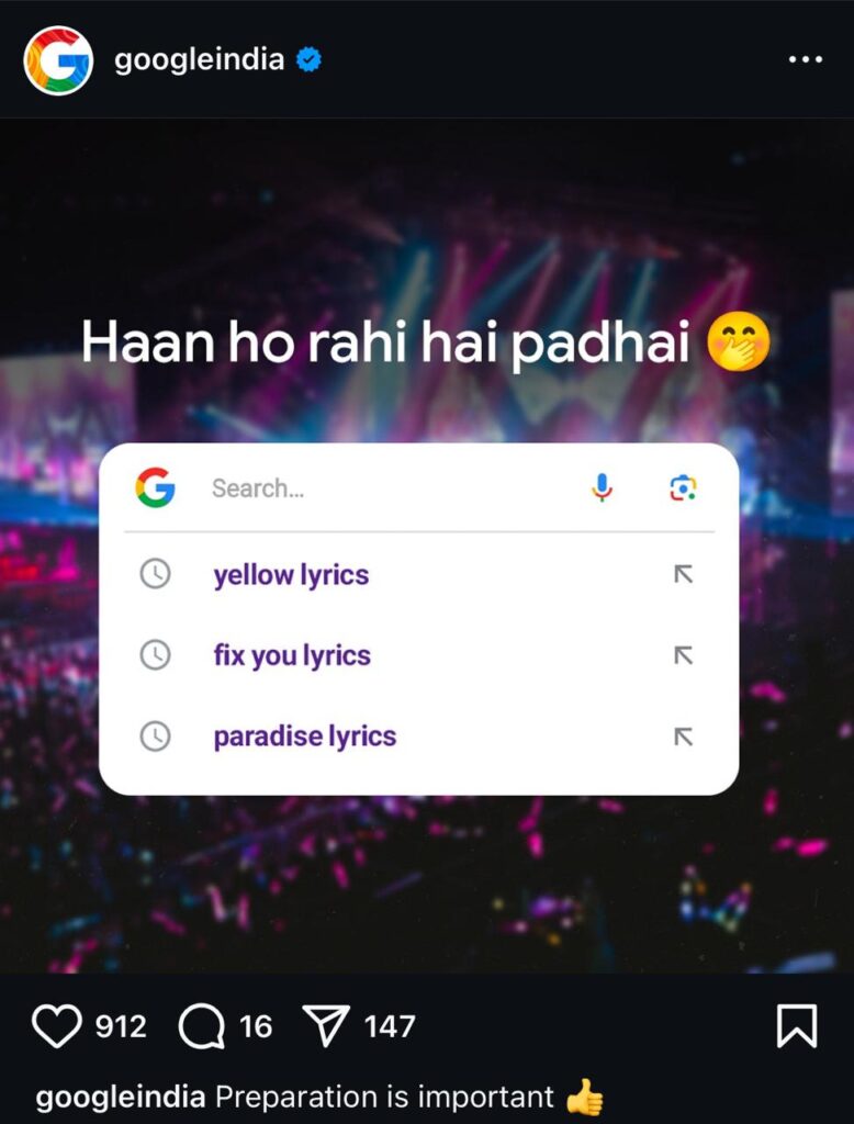 google india instagram post during coldplay concert